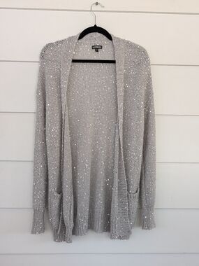 Express Silver Sequin Open-Front Cardigan, L